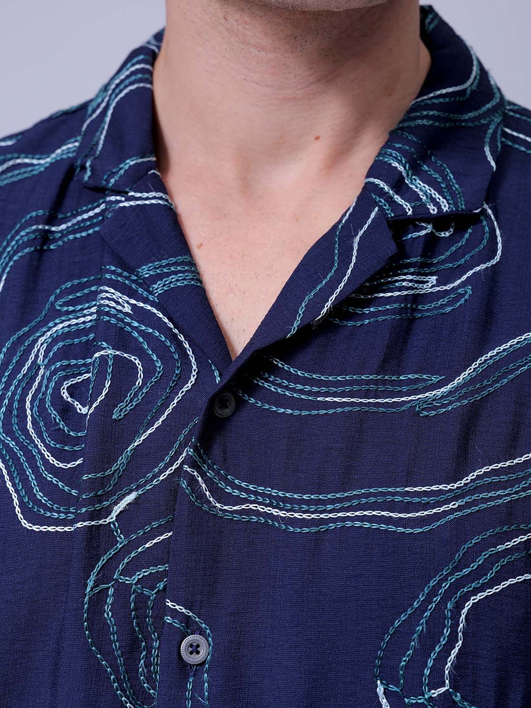 Men's Navy Blue Relaxed Fit Embroided Resort Wear Shirt - Image 6