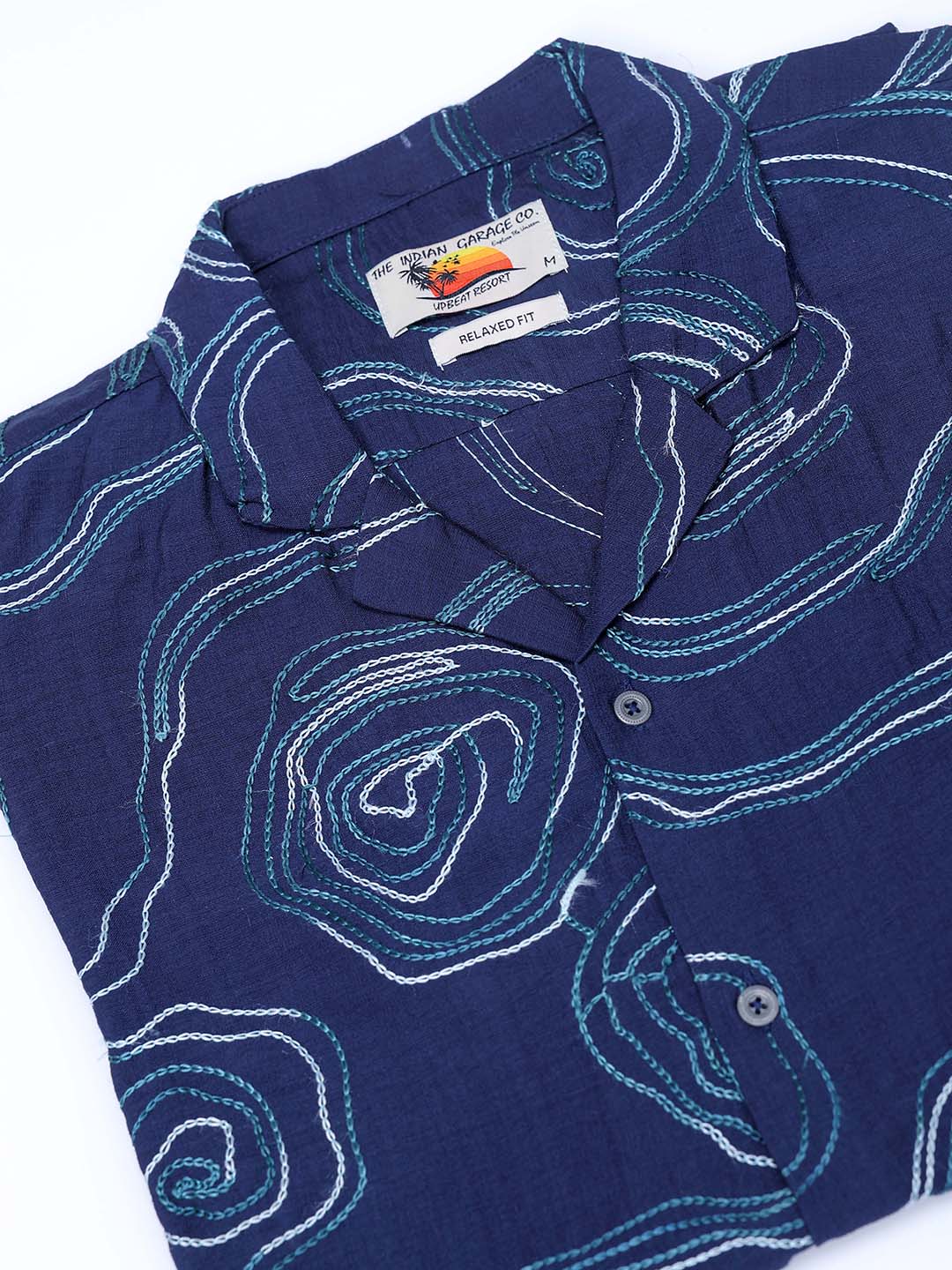 Men's Navy Blue Relaxed Fit Embroided Resort Wear Shirt - Image 7