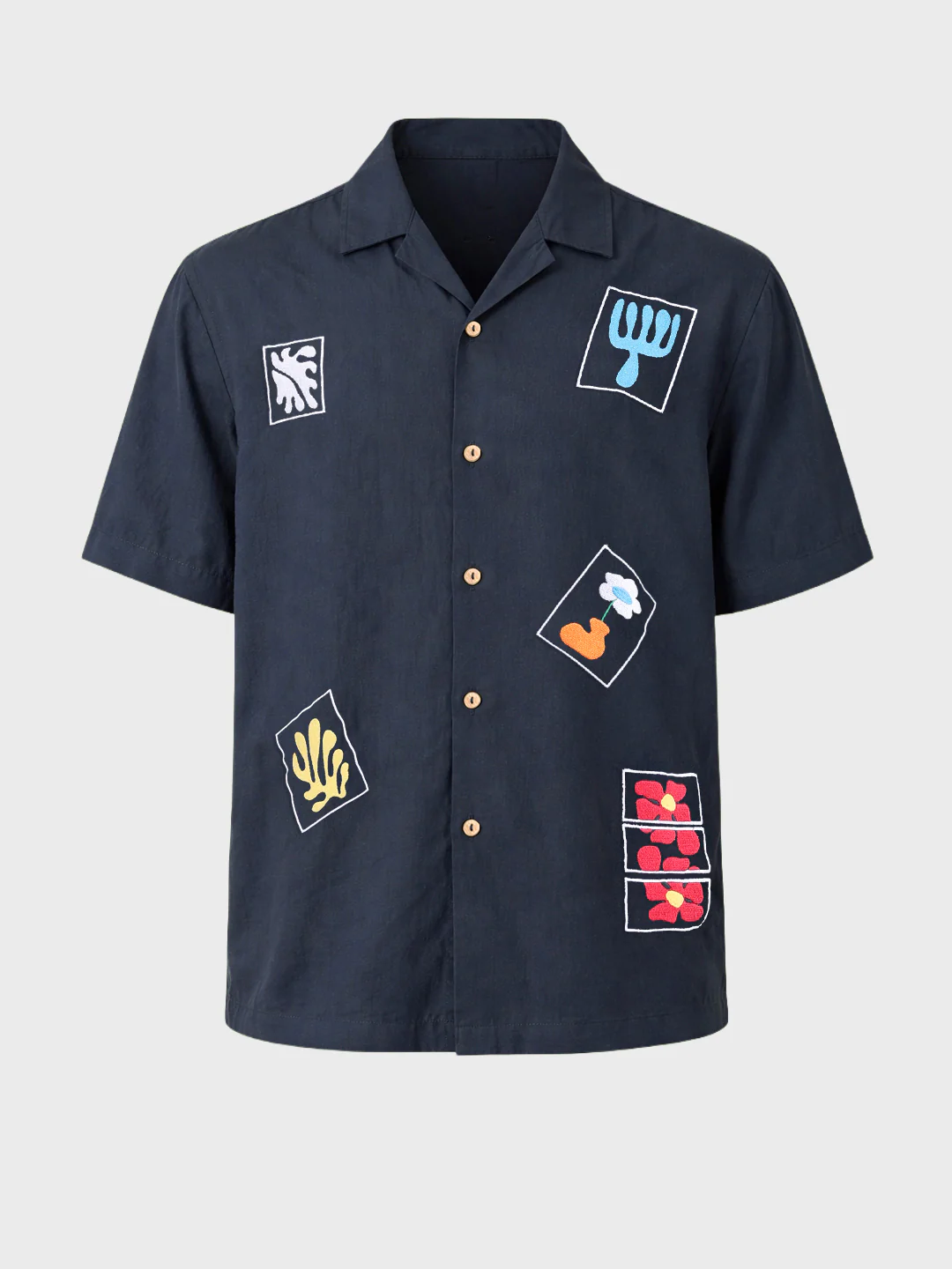 Men's Navy Blue Relaxed Fit Embroided Resort Wear Shirt - Image 3