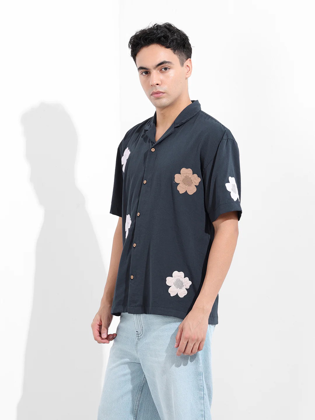 Men's Navy Blue Relaxed Fit Embroided Resort Wear Shirt - Image 2