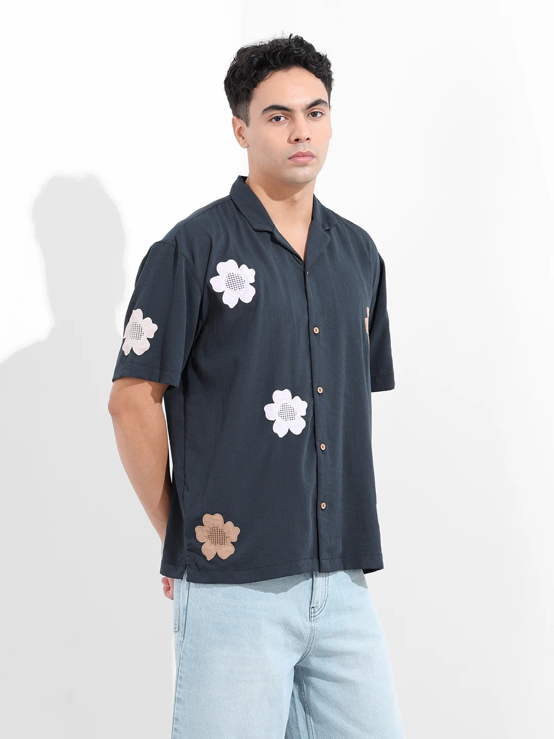 Men's Navy Blue Relaxed Fit Embroided Resort Wear Shirt - Image 3