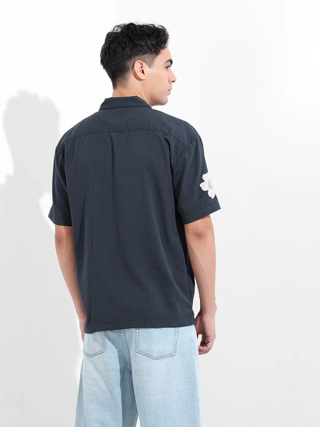 Men's Navy Blue Relaxed Fit Embroided Resort Wear Shirt - Image 4