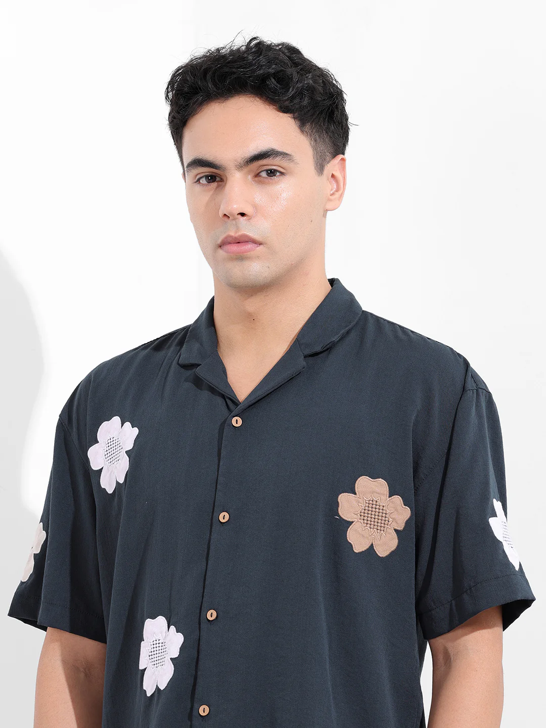 Men's Navy Blue Relaxed Fit Embroided Resort Wear Shirt - Image 5