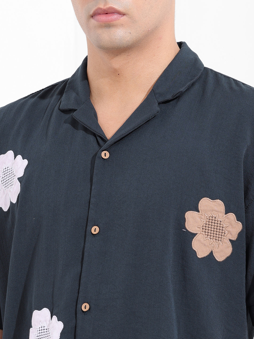Men's Navy Blue Relaxed Fit Embroided Resort Wear Shirt - Image 6