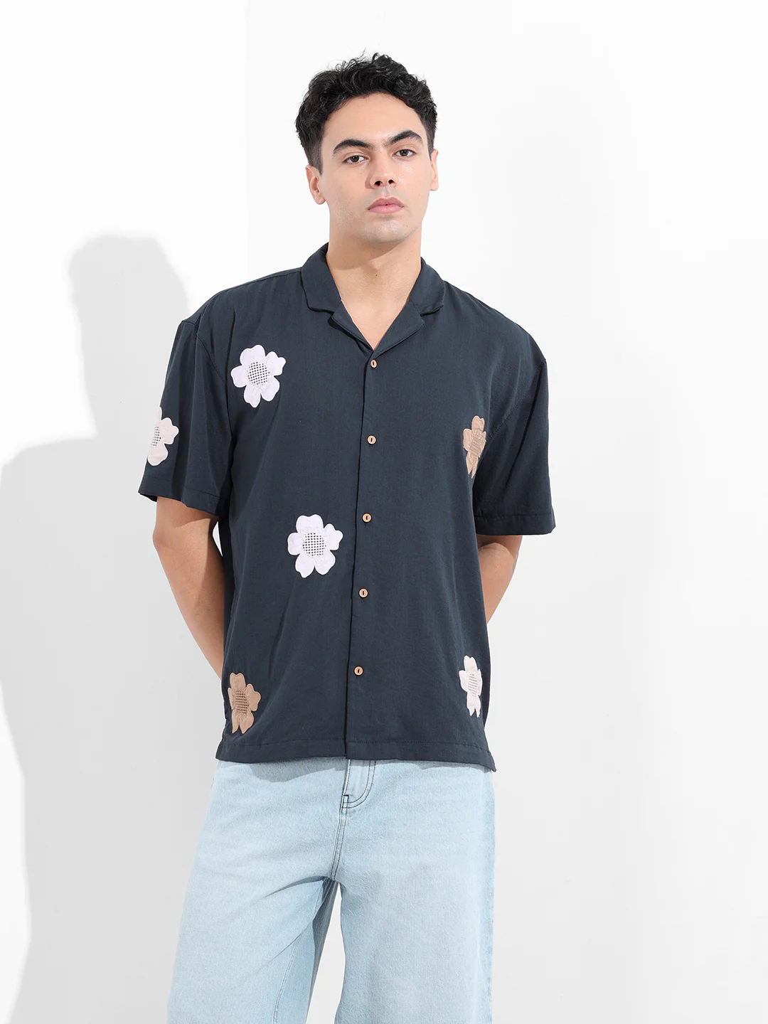 Men's Navy Blue Relaxed Fit Embroided Resort Wear Shirt - Image 7
