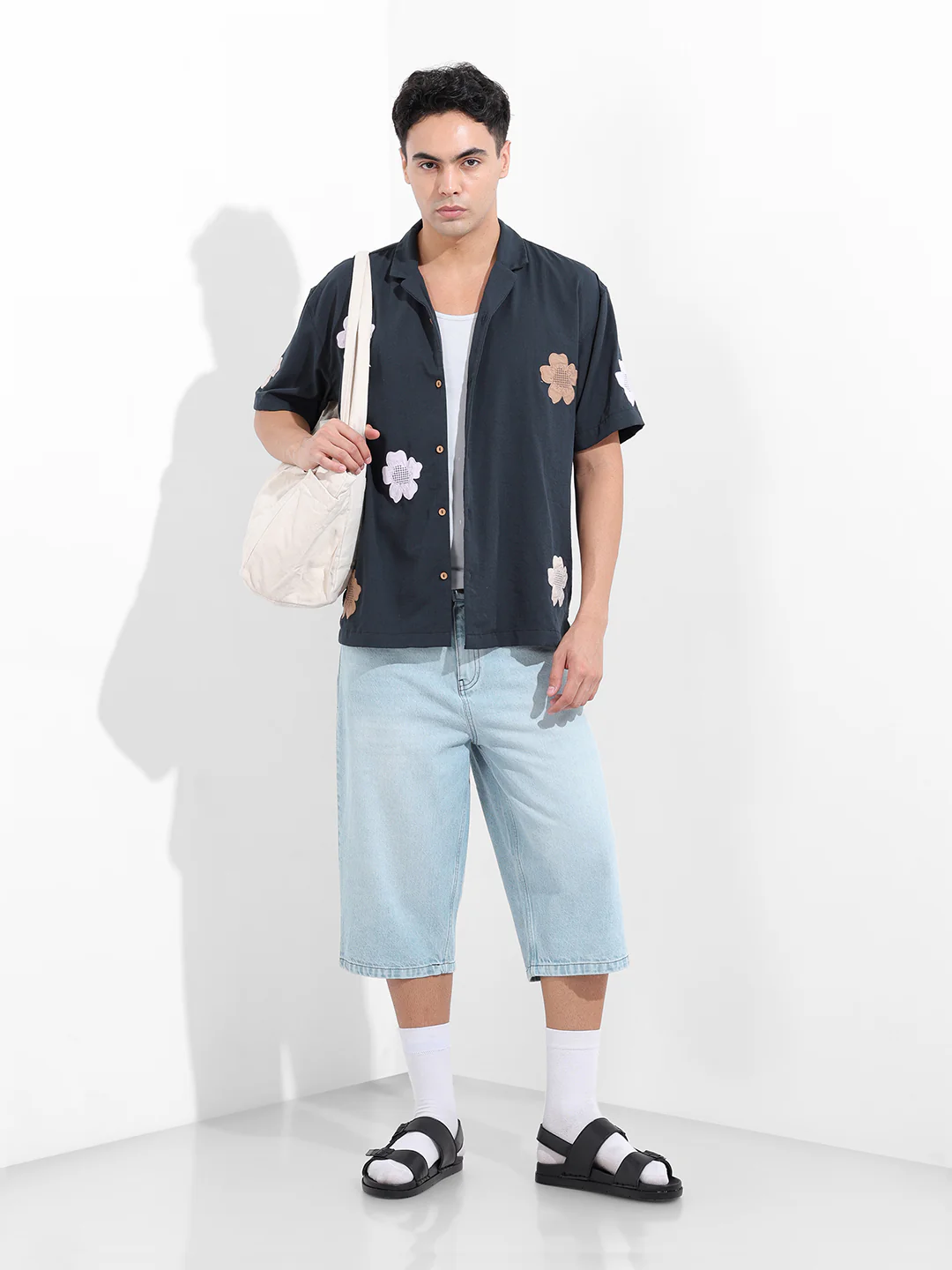 Men's Navy Blue Relaxed Fit Embroided Resort Wear Shirt - Image 8