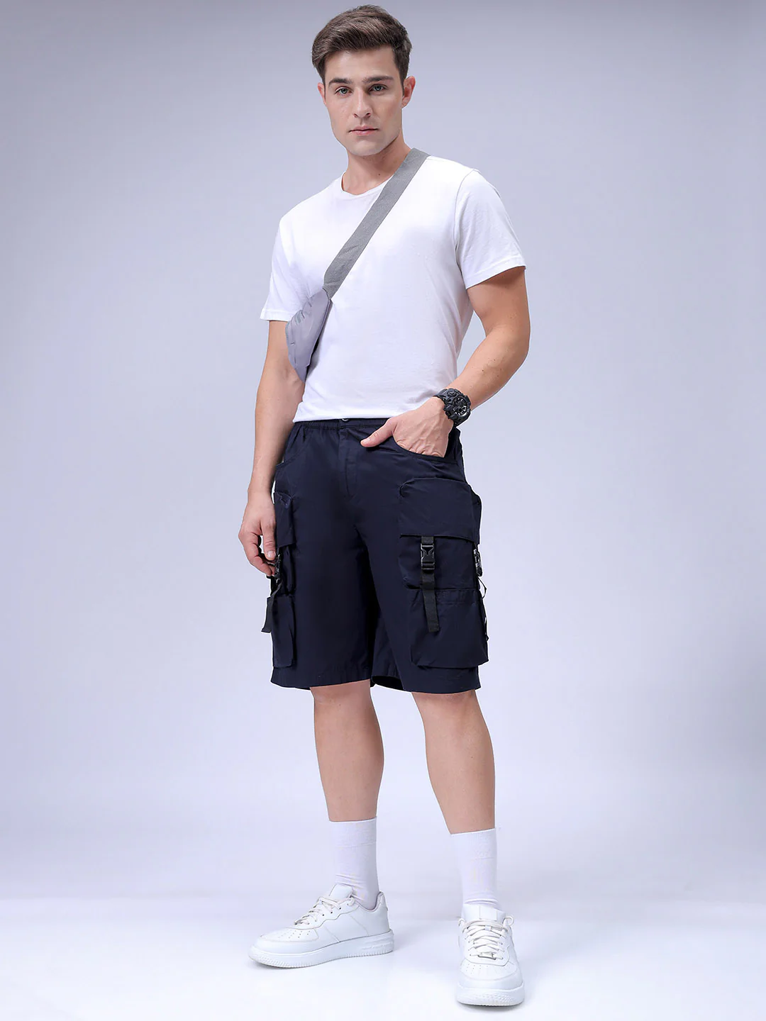Men's Navy Relaxed Fit Solid Utility Shorts - Image 2