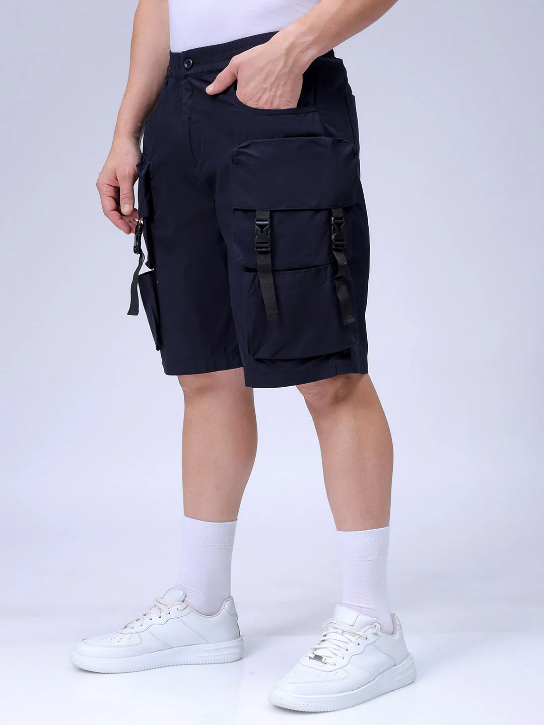 Men's Navy Relaxed Fit Solid Utility Shorts - Image 3