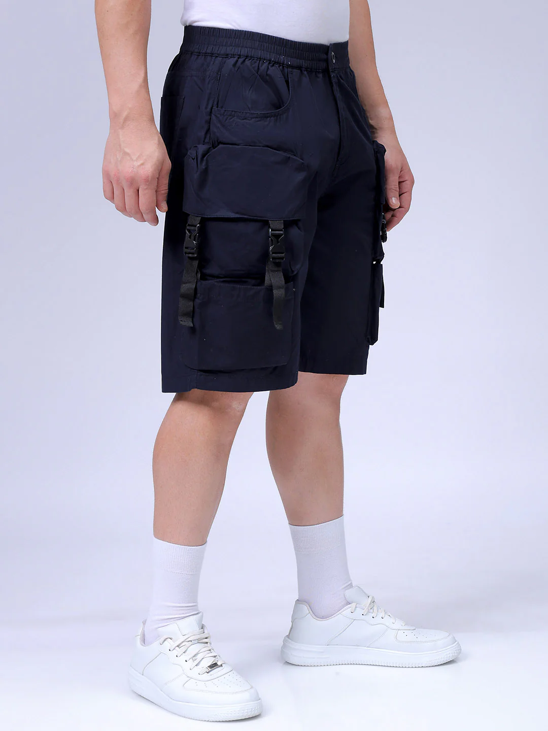 Men's Navy Relaxed Fit Solid Utility Shorts - Image 4