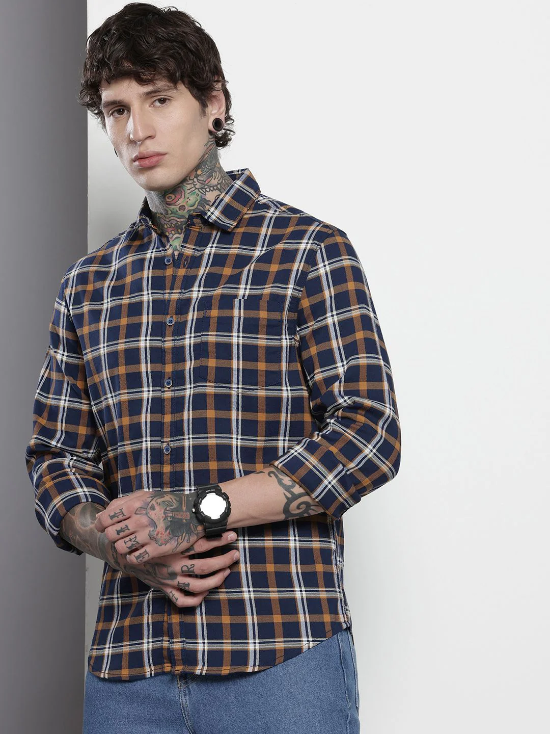 Men's Blue Blue Slim Fit Checked Casual Shirt - Image 2