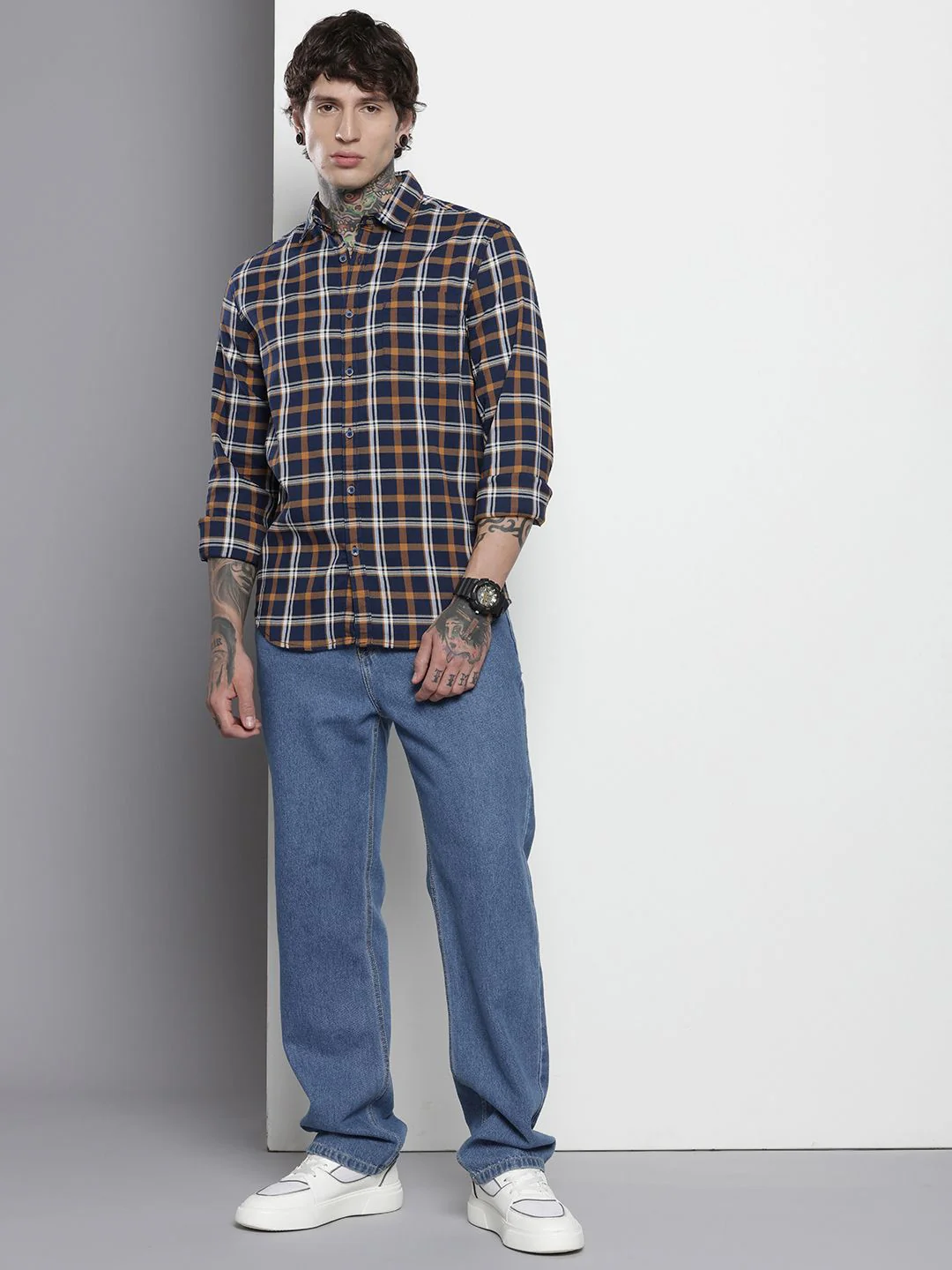 Men's Blue Blue Slim Fit Checked Casual Shirt - Image 3