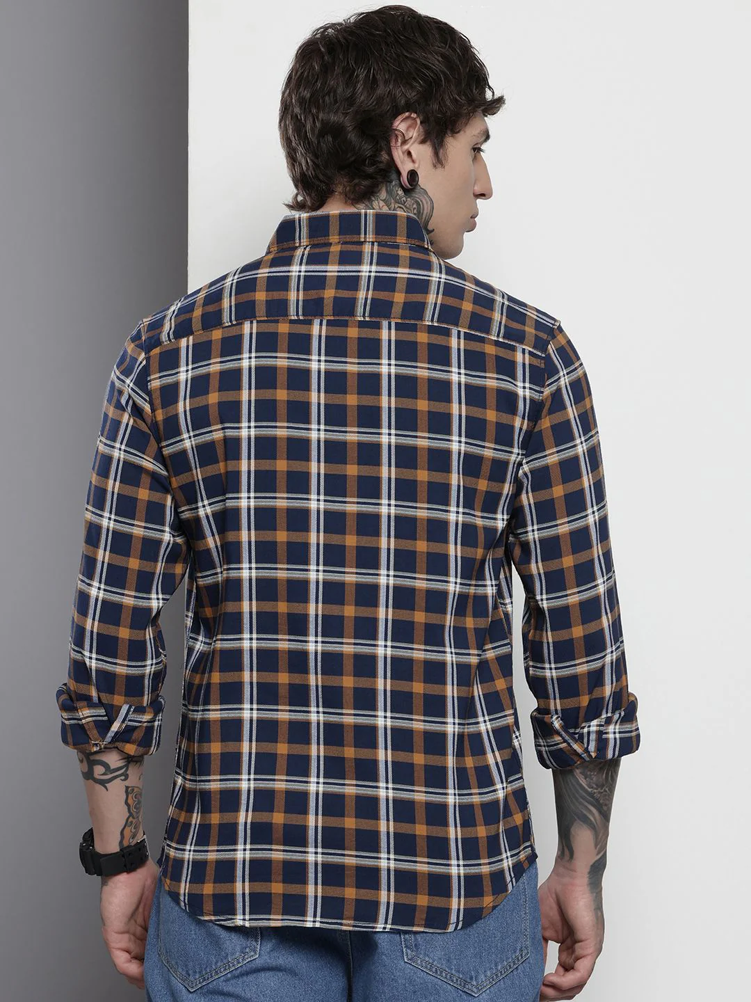 Men's Blue Blue Slim Fit Checked Casual Shirt - Image 4
