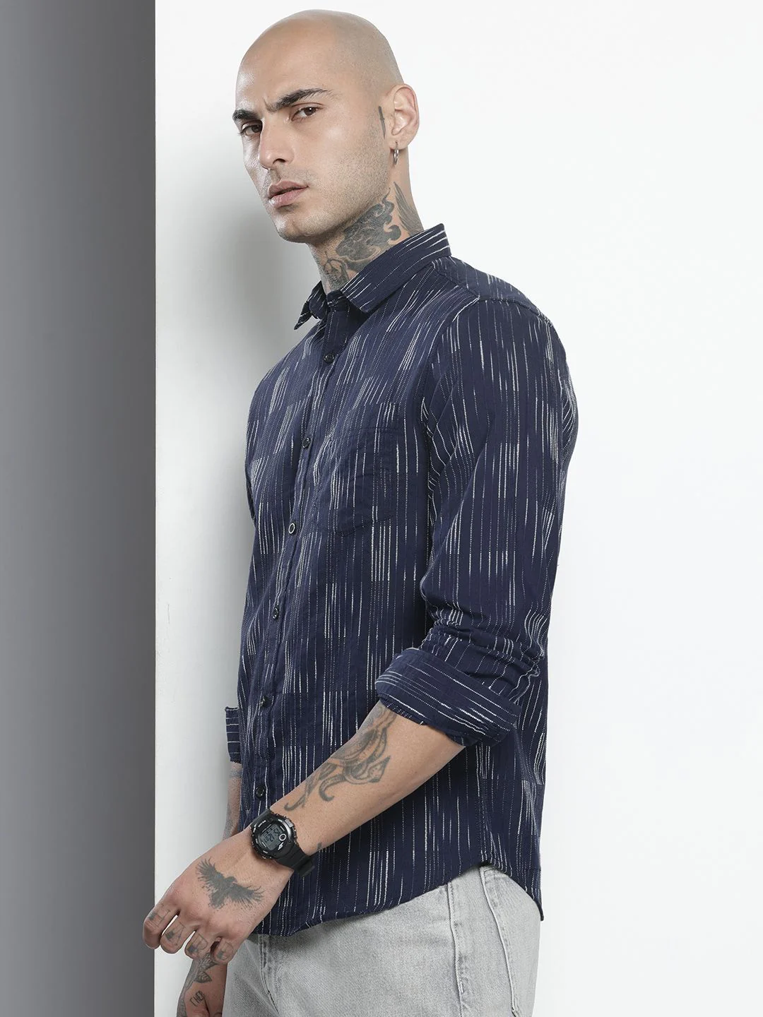 Men's Navy Slim Fit Striped Casual Shirt - Image 2