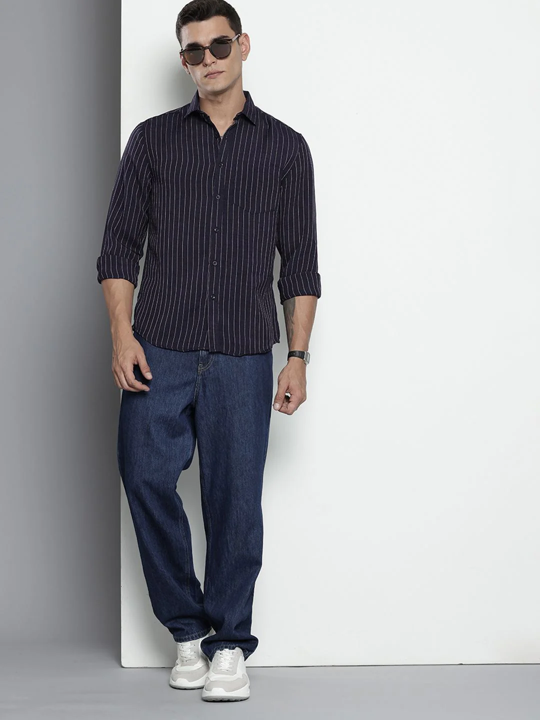 Men's Navy Slim Fit Striped Casual Shirt - Image 2