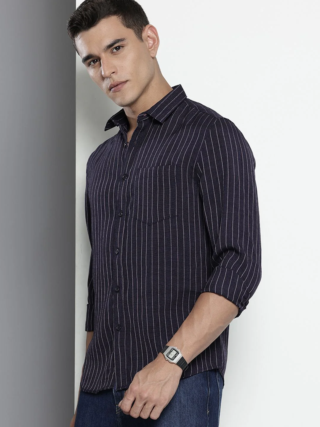 Men's Navy Slim Fit Striped Casual Shirt - Image 3