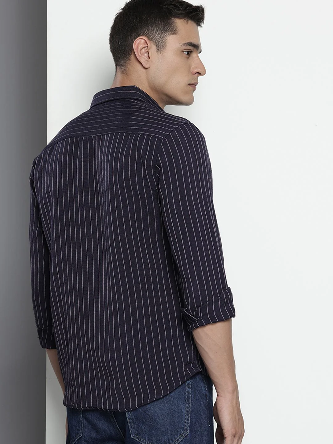 Men's Navy Slim Fit Striped Casual Shirt - Image 4
