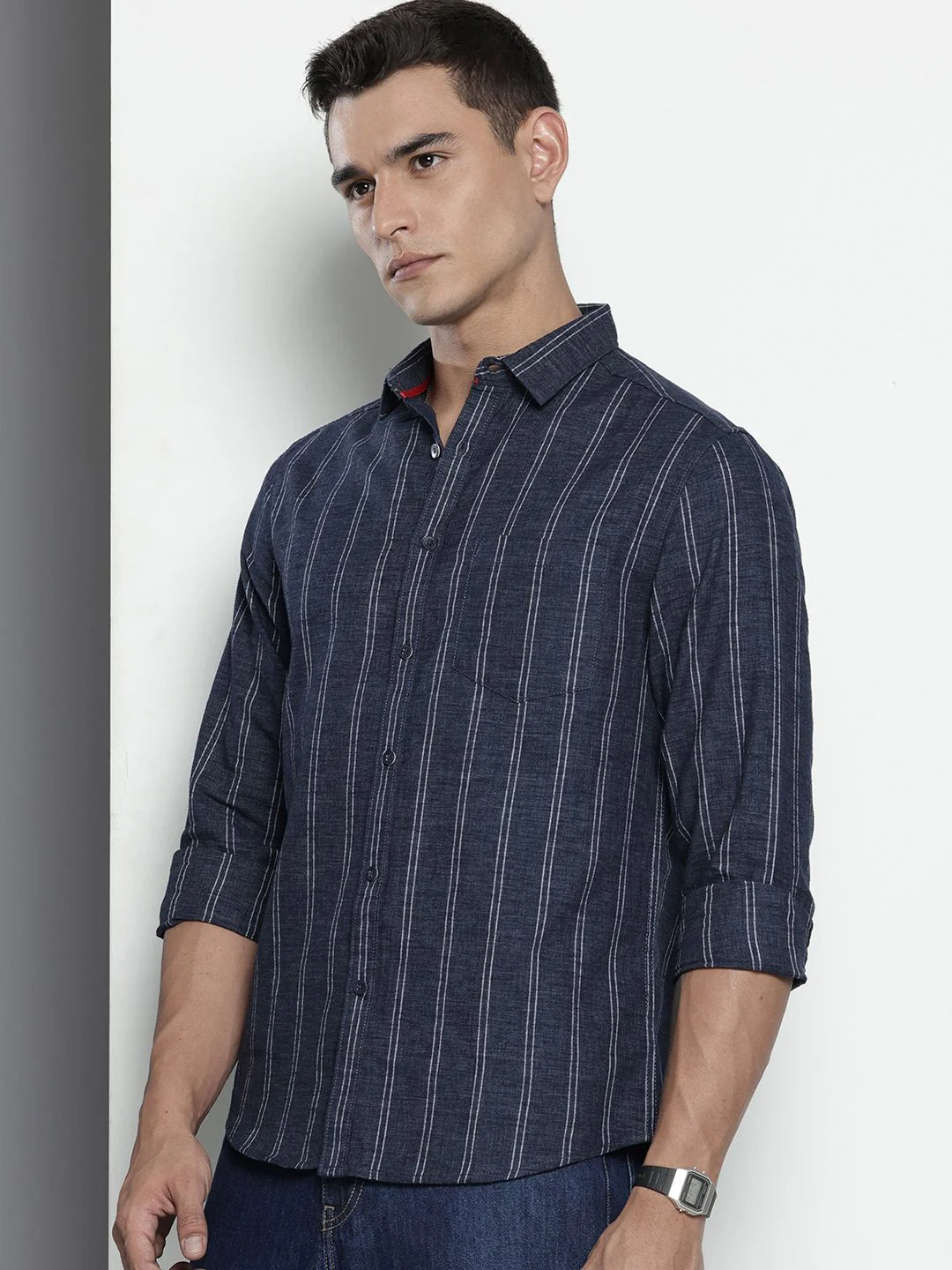 Men's Blue Blue Slim Fit Striped Casual Shirt - Image 2