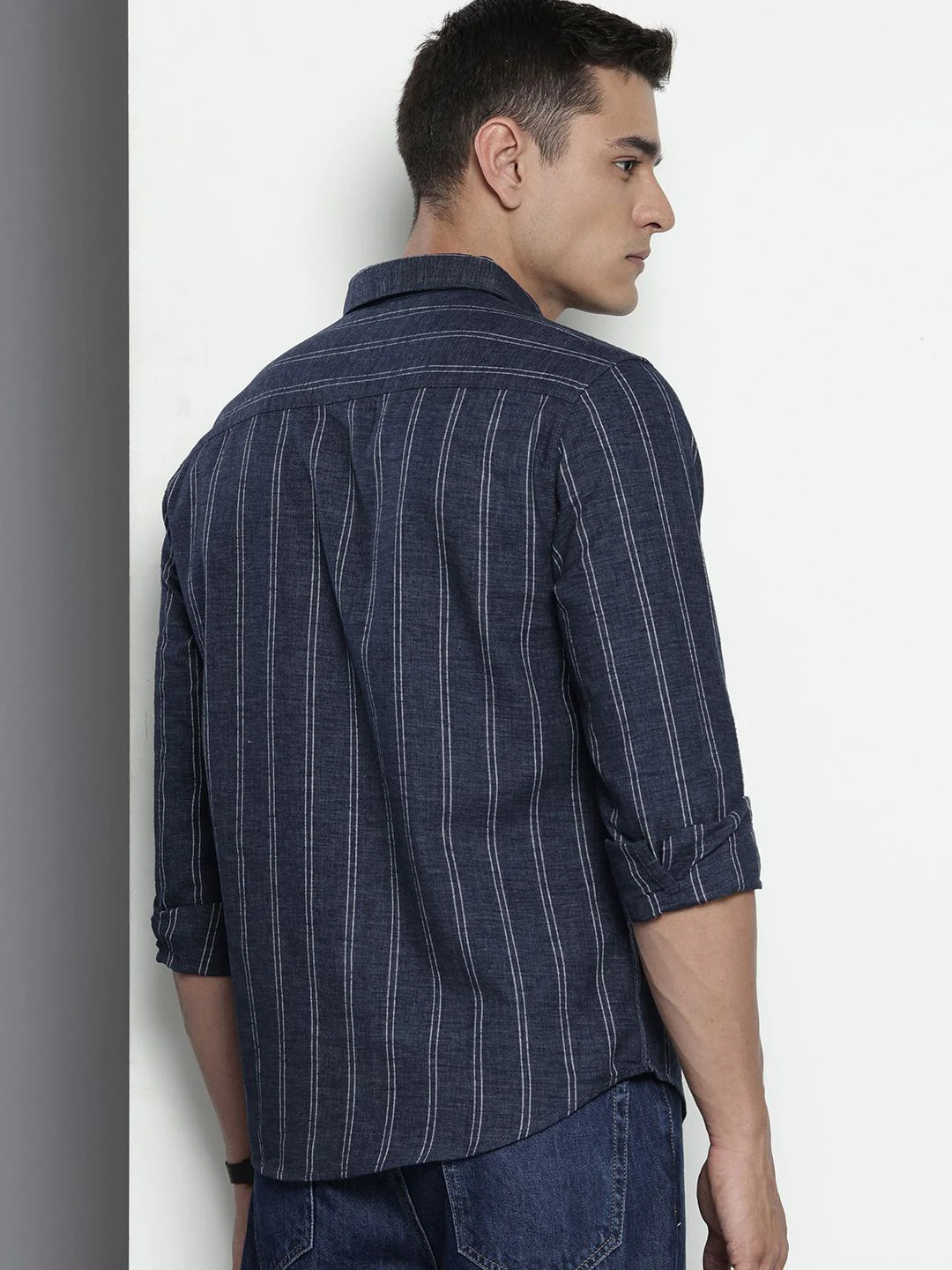 Men's Blue Blue Slim Fit Striped Casual Shirt - Image 5