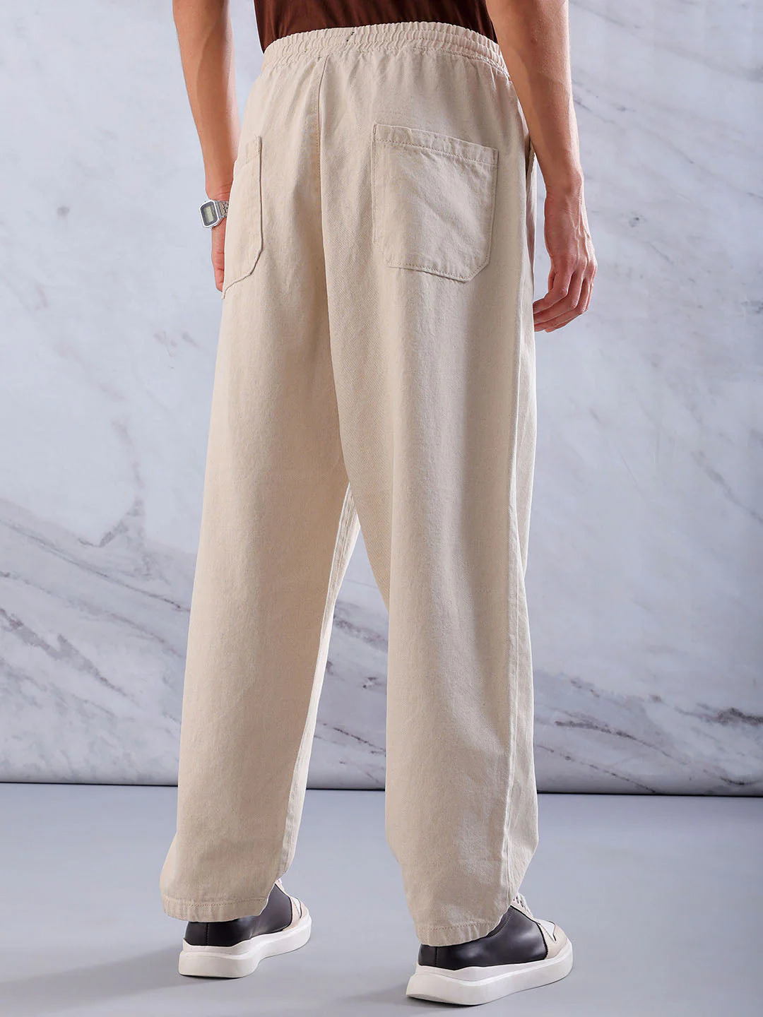 Men's Off White Loose Fit Solid Street Wear Jeans - Image 3