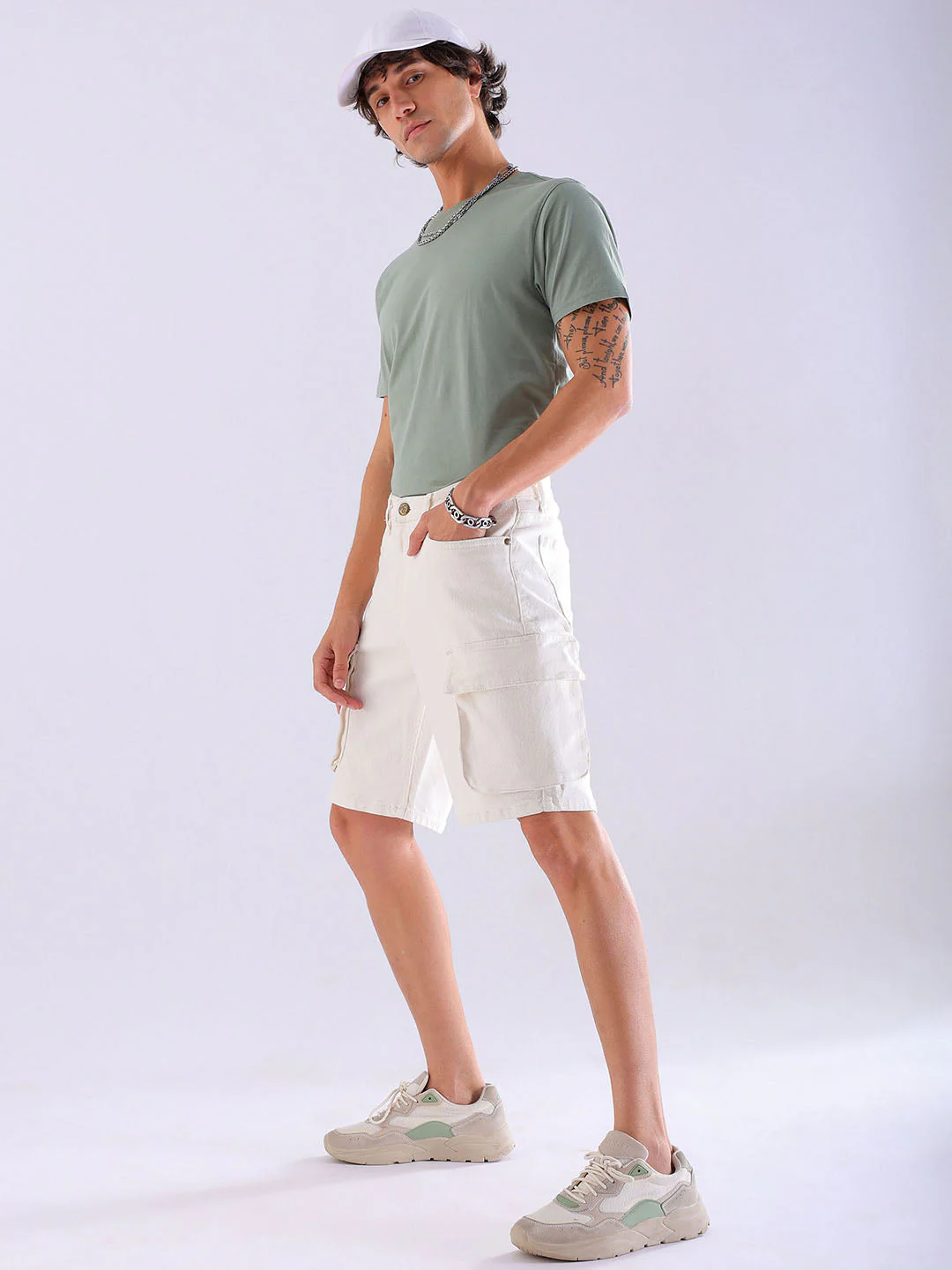 Men's Off White Relaxed Fit Solid Utility Denim Shorts - Image 8
