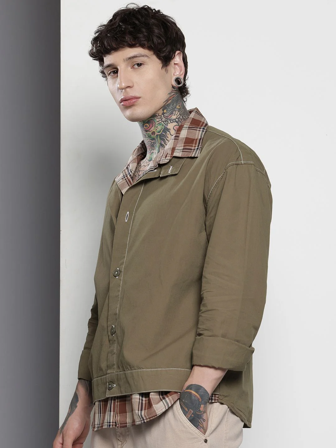 Men's Olive Boxy Fit Solid Korean Street Shirt - Image 2