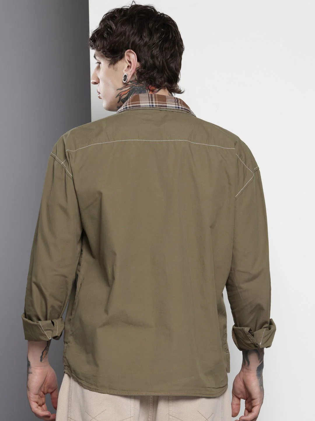 Men's Olive Boxy Fit Solid Korean Street Shirt - Image 4