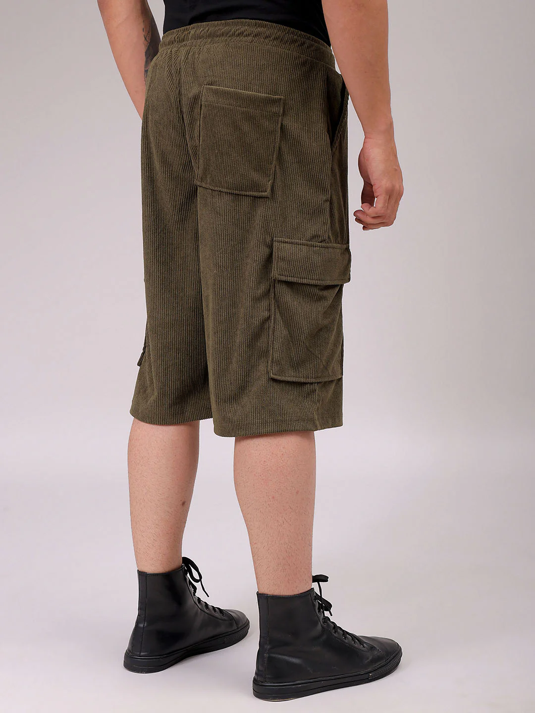 Men's Dark Olive Loose Fit Textured Utility Shorts - Image 3