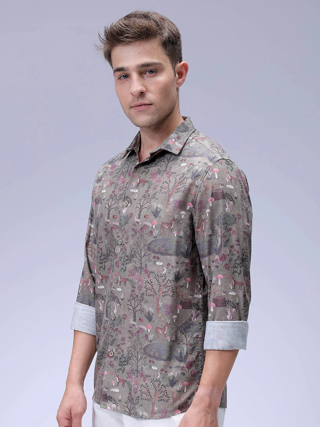 Men's Olive Regular Fit Printed Resort Wear Shirt - Image 2