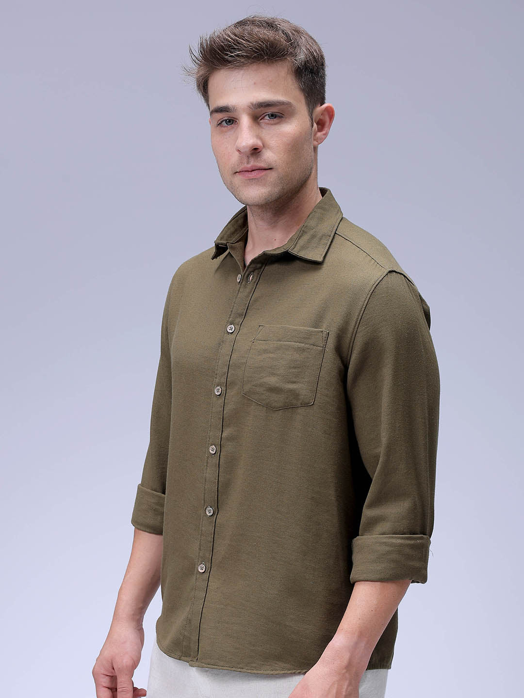 Men's Dark Olive Regular Fit Solid Textured Shirt - Image 2