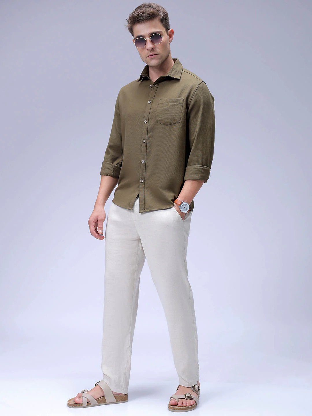 Men's Dark Olive Regular Fit Solid Textured Shirt - Image 3