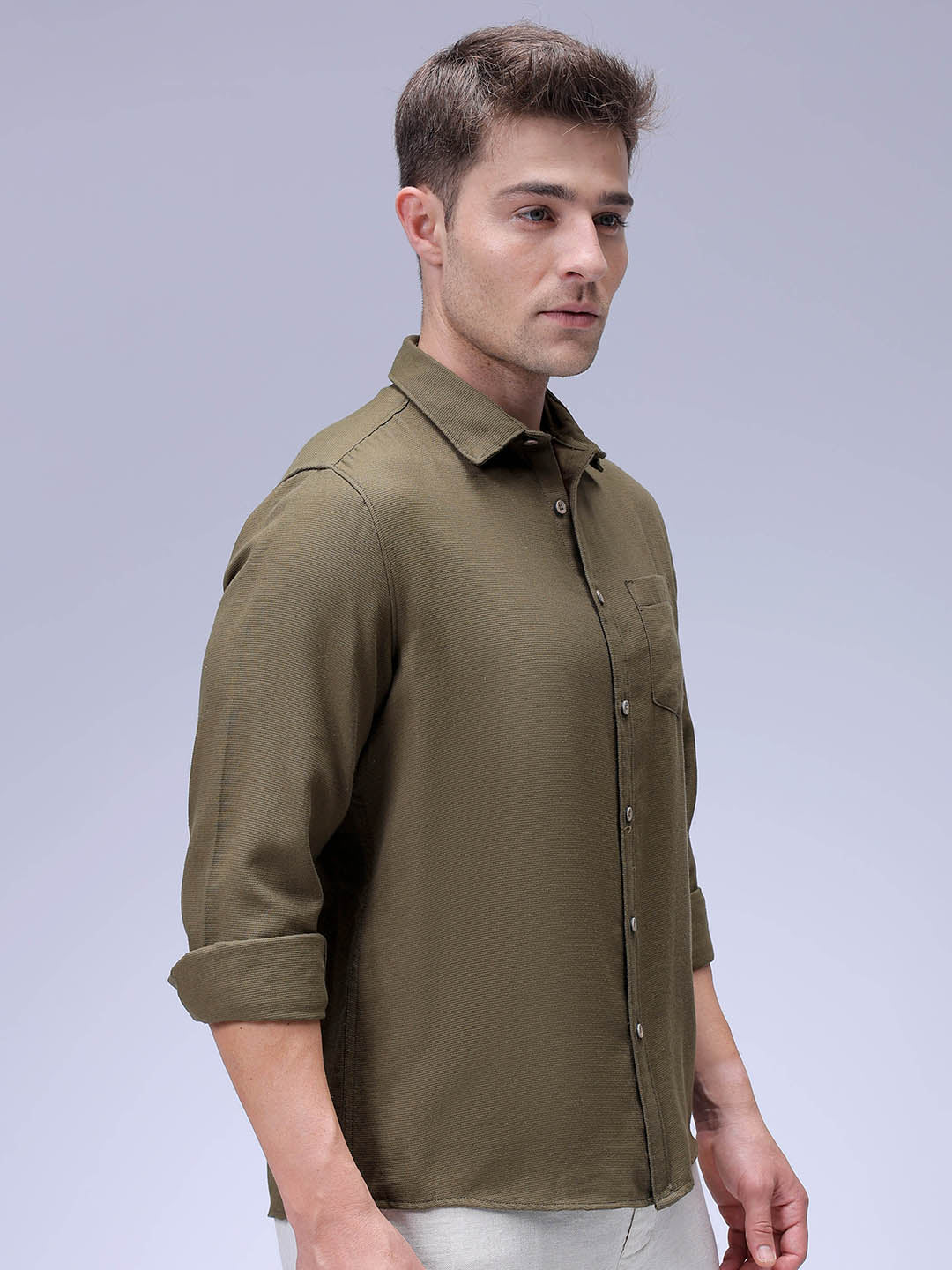 Men's Dark Olive Regular Fit Solid Textured Shirt - Image 4