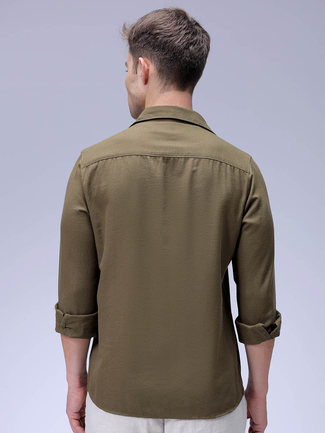 Men's Dark Olive Regular Fit Solid Textured Shirt - Image 5