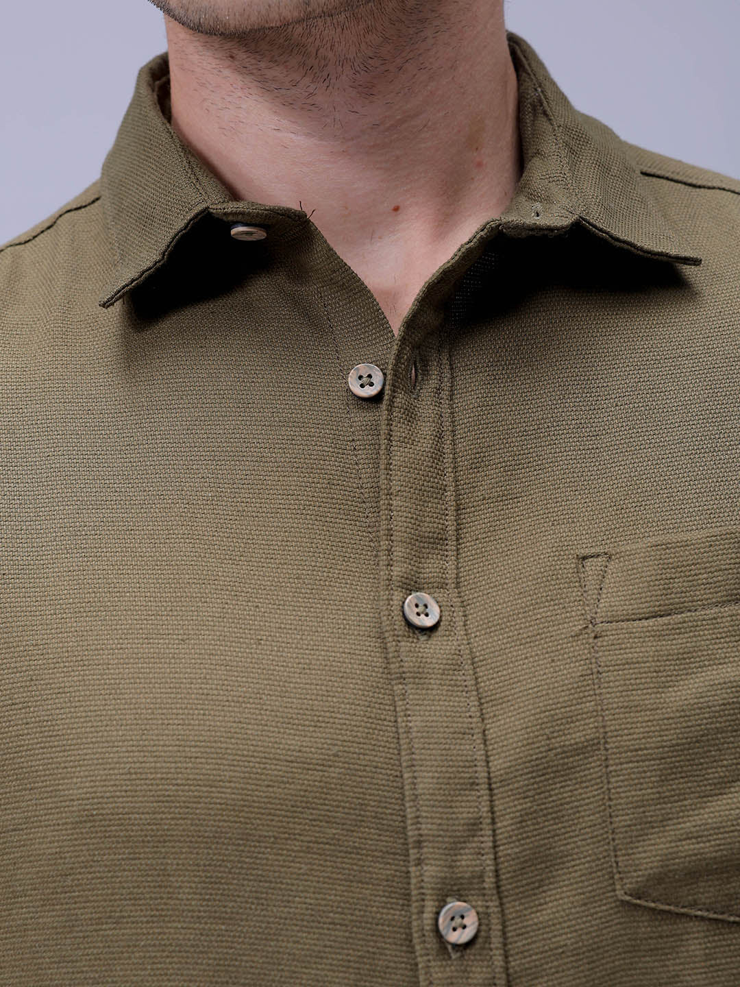 Men's Dark Olive Regular Fit Solid Textured Shirt - Image 6