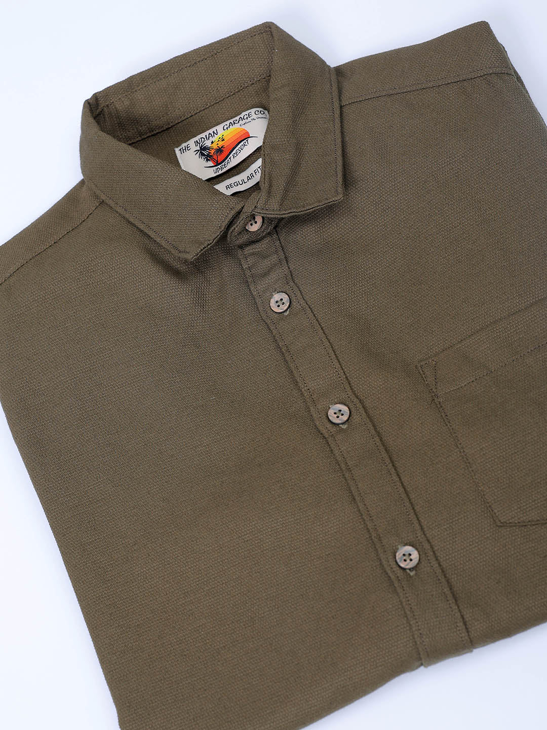Men's Dark Olive Regular Fit Solid Textured Shirt - Image 7