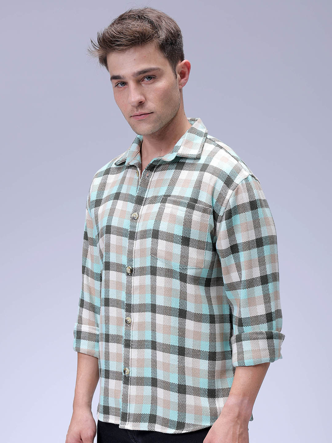 Men's Olive Relaxed Fit Checkered Textured Shirt - Image 2