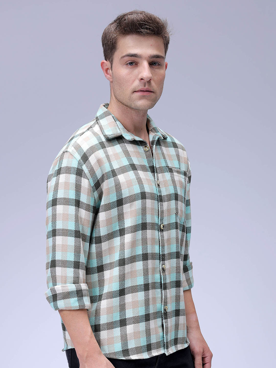 Men's Olive Relaxed Fit Checkered Textured Shirt - Image 3