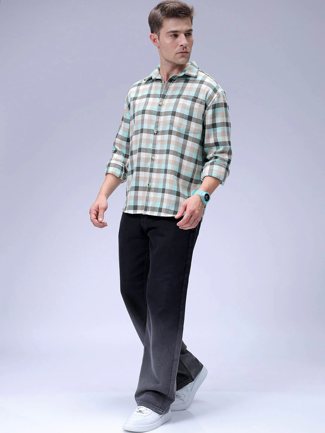 Men's Olive Relaxed Fit Checkered Textured Shirt - Image 4