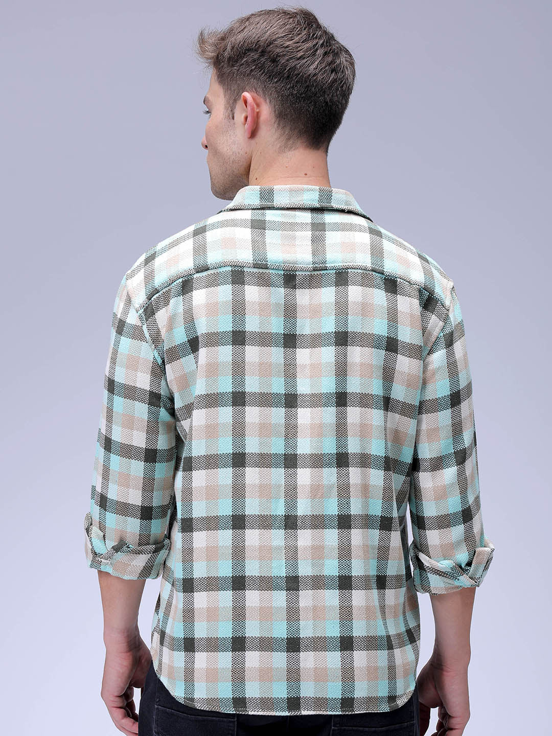 Men's Olive Relaxed Fit Checkered Textured Shirt - Image 5