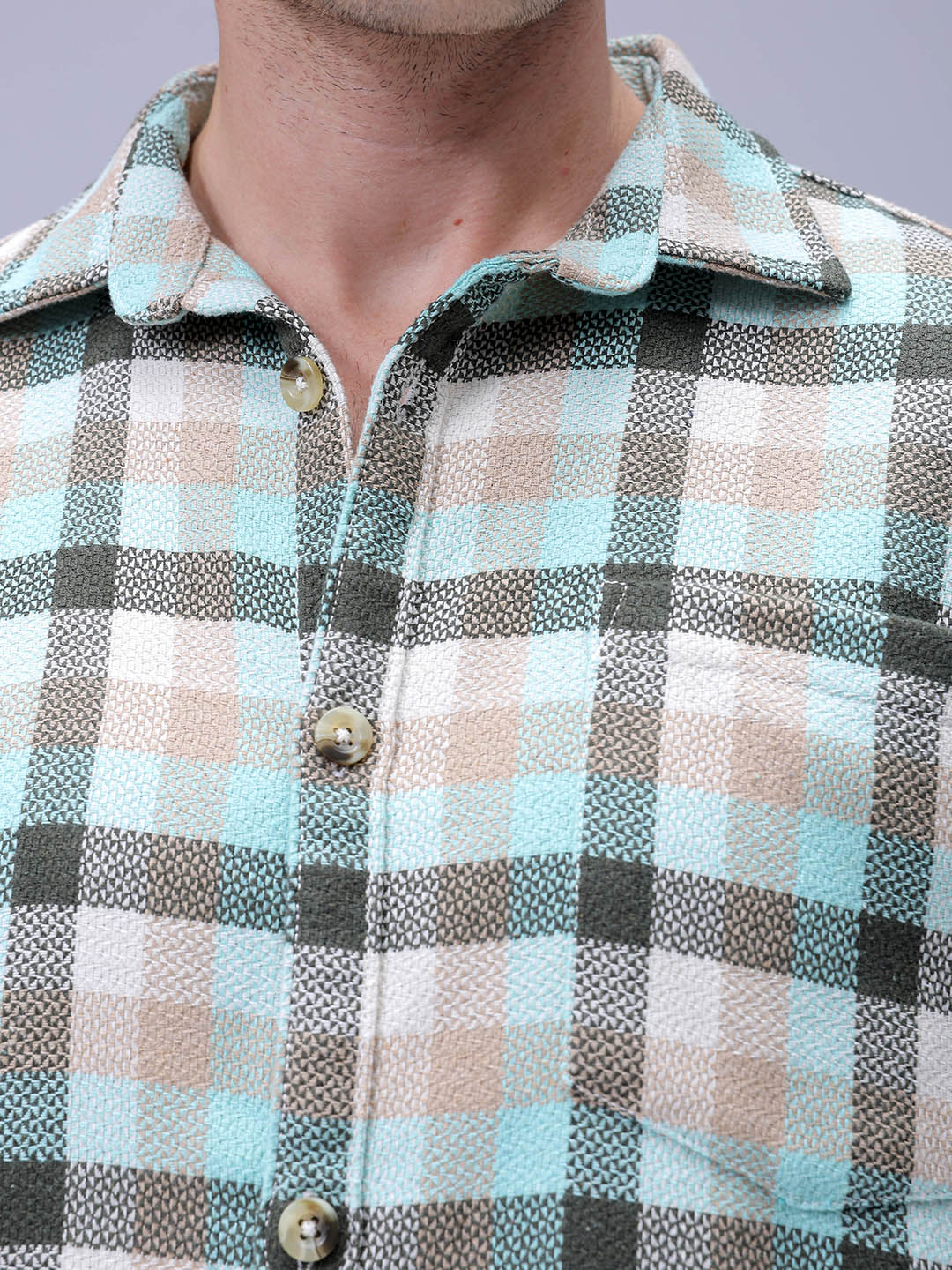 Men's Olive Relaxed Fit Checkered Textured Shirt - Image 6