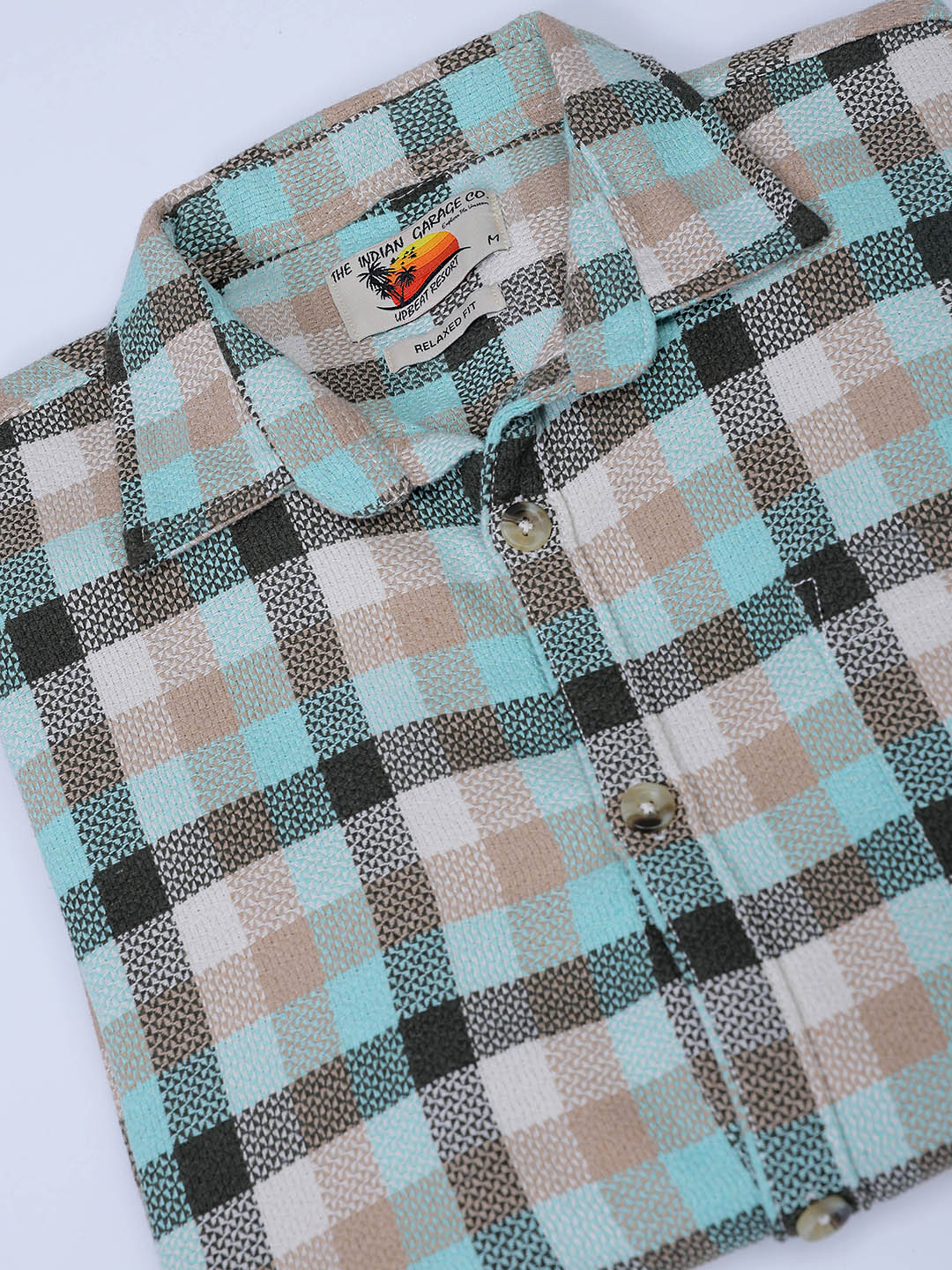 Men's Olive Relaxed Fit Checkered Textured Shirt - Image 7