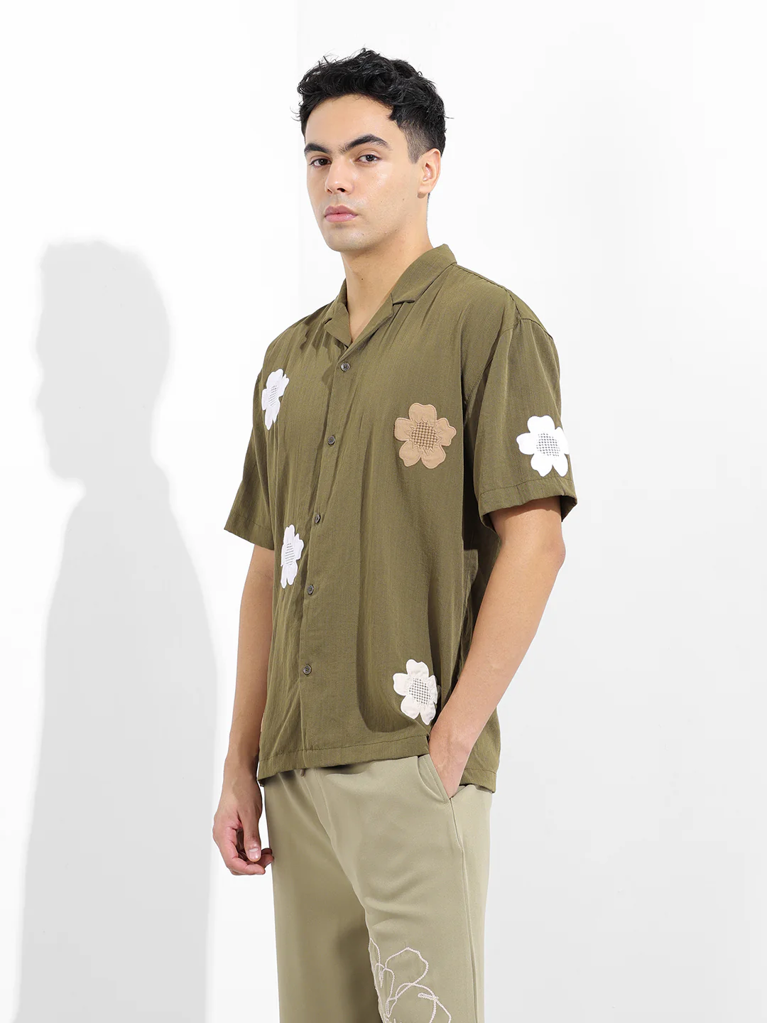 Men's Olive Relaxed Fit Embroided Resort Wear Shirt - Image 2