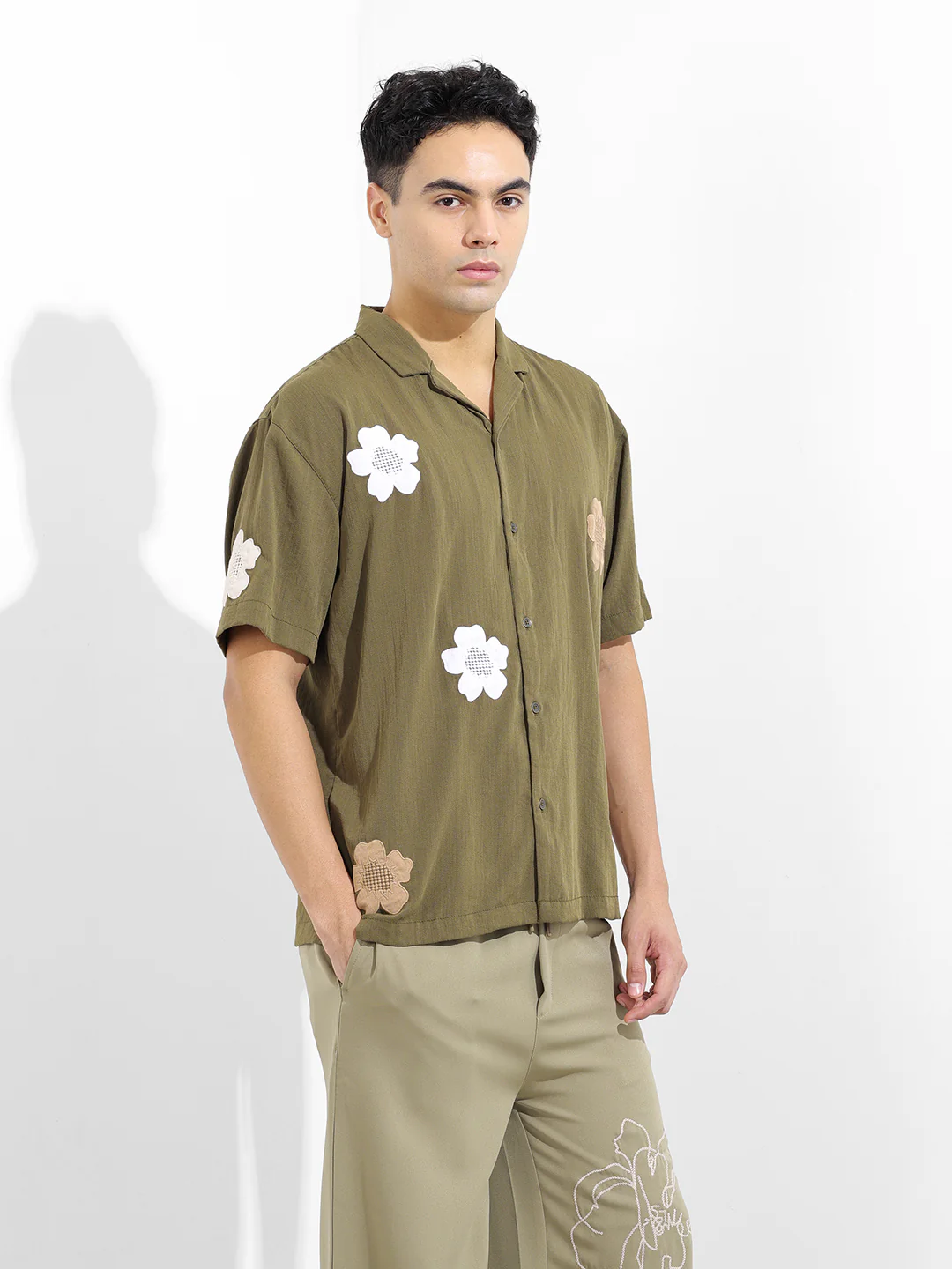 Men's Olive Relaxed Fit Embroided Resort Wear Shirt - Image 3