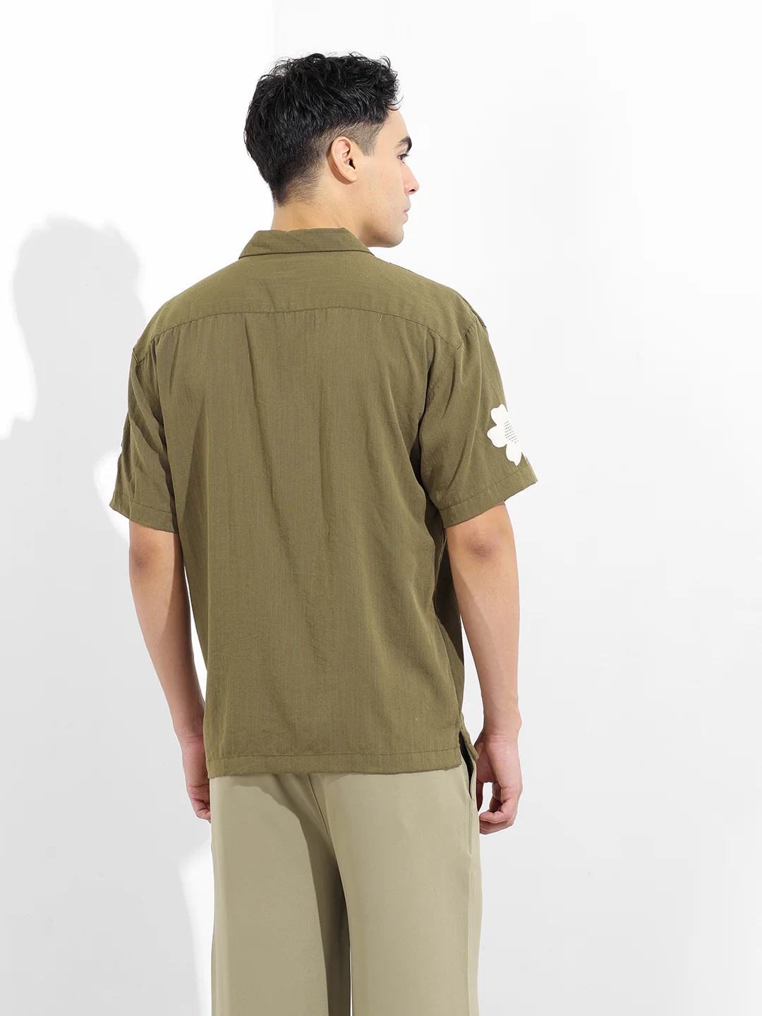 Men's Olive Relaxed Fit Embroided Resort Wear Shirt - Image 4
