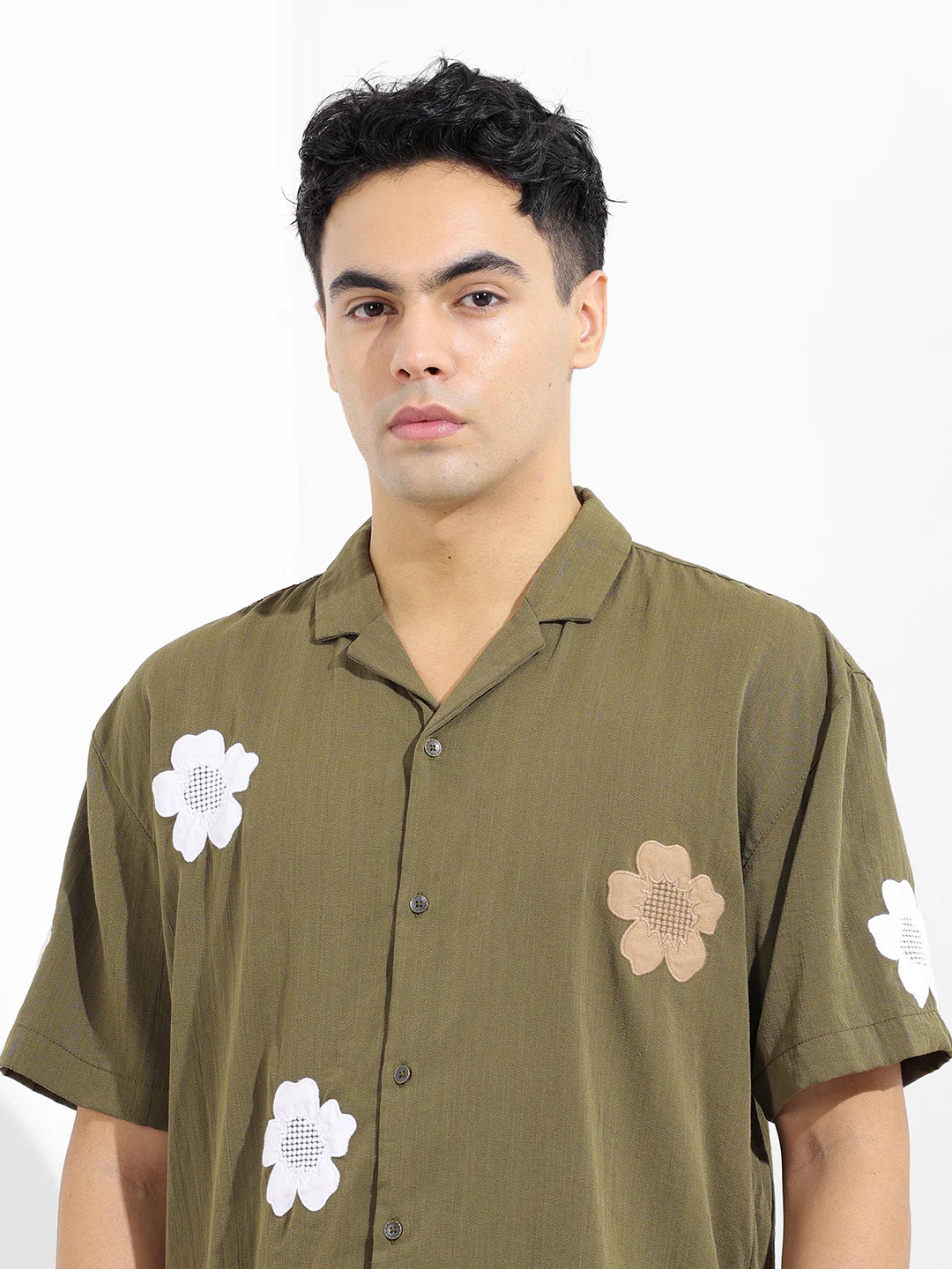 Men's Olive Relaxed Fit Embroided Resort Wear Shirt - Image 5