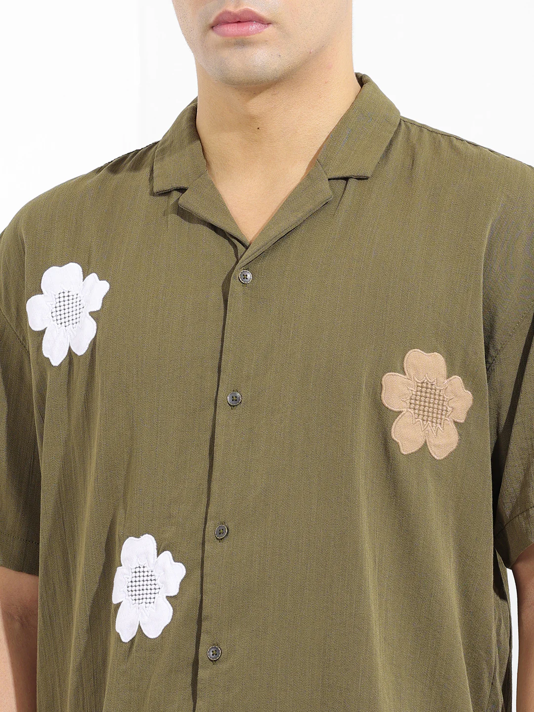 Men's Olive Relaxed Fit Embroided Resort Wear Shirt - Image 6