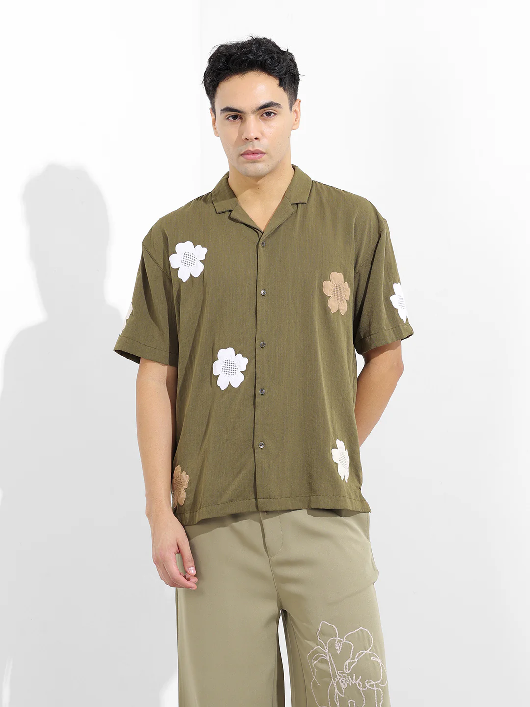 Men's Olive Relaxed Fit Embroided Resort Wear Shirt - Image 7