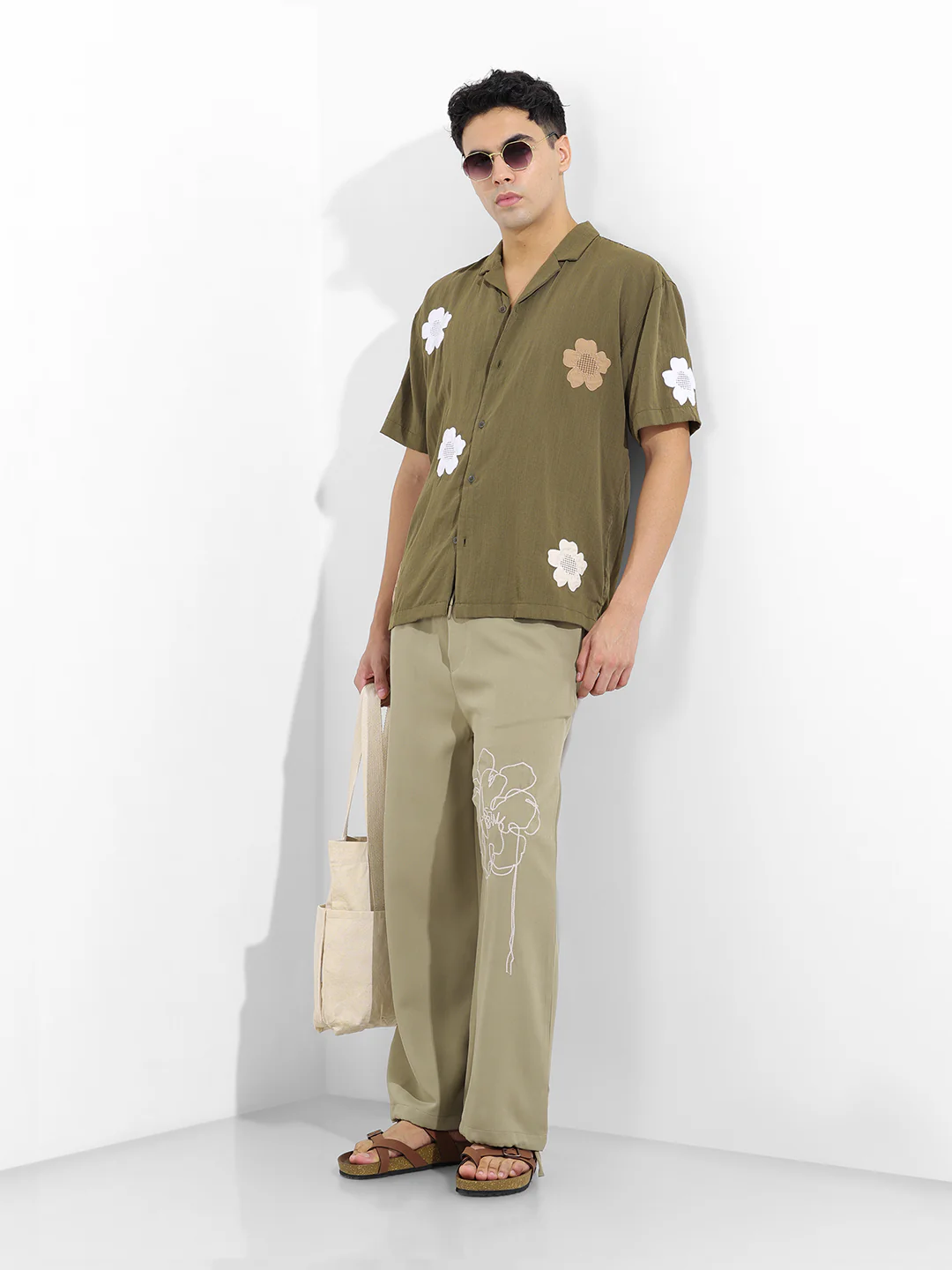 Men's Olive Relaxed Fit Embroided Resort Wear Shirt - Image 8