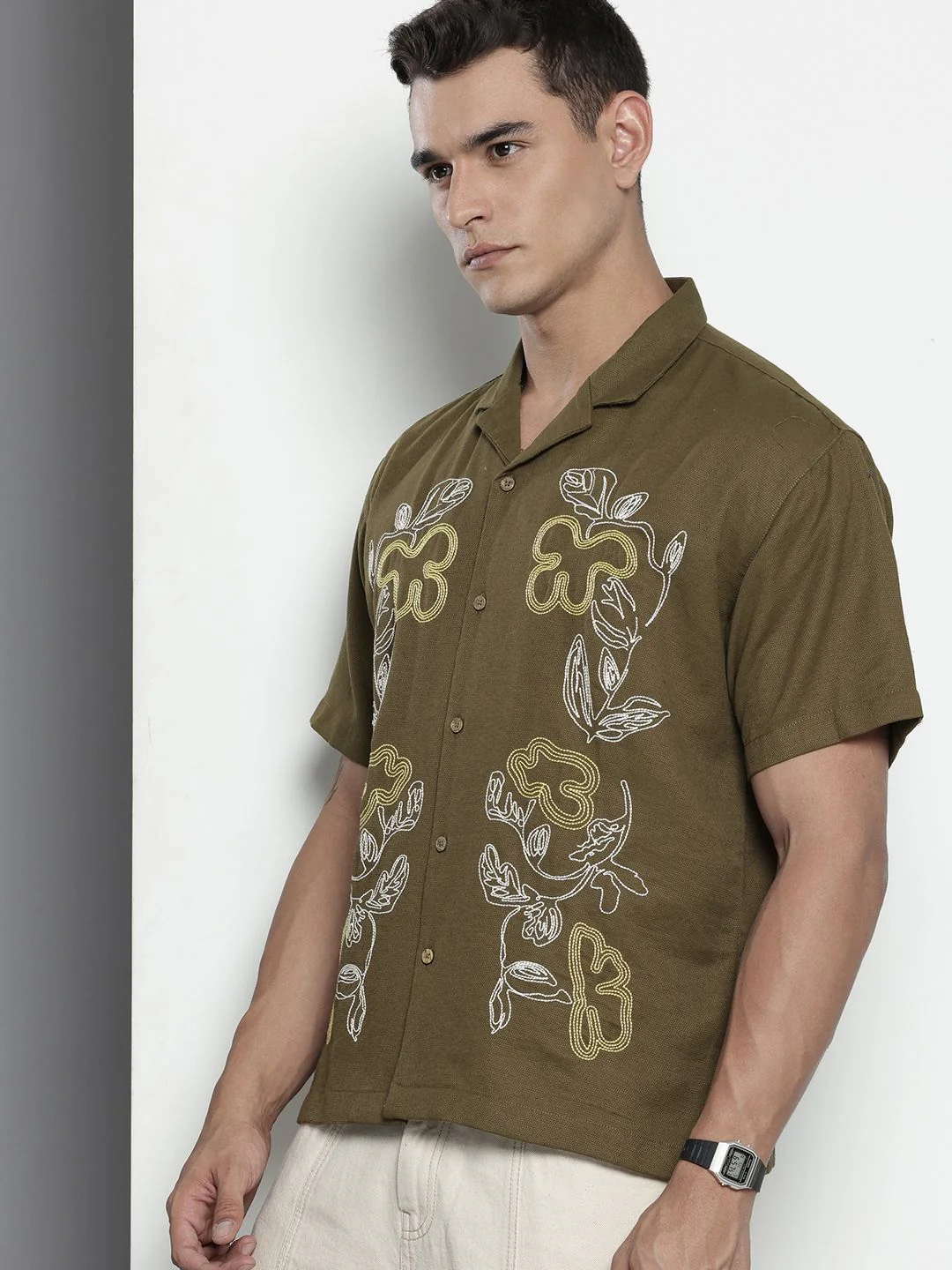 Men's Dark Olive Relaxed Fit  Embroidered Shirt - Image 2