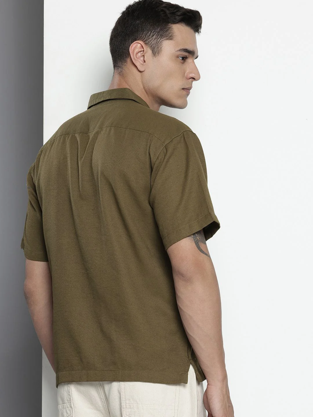 Men's Dark Olive Relaxed Fit  Embroidered Shirt - Image 4