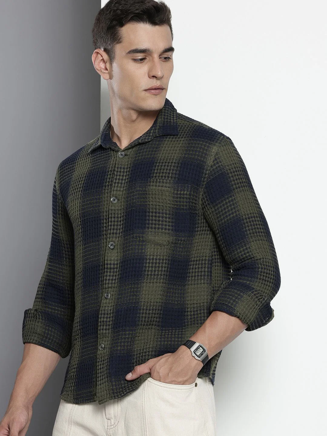 Men's Olive Relaxed Fit Textured Casual Shirt - Image 3